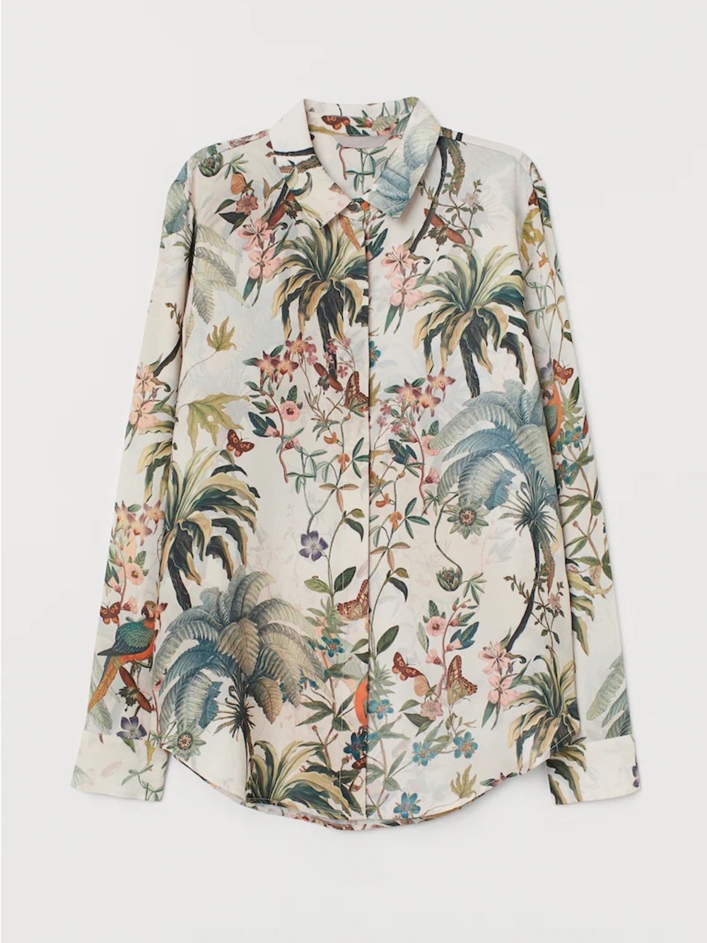 H&M Tropical Botanical Bird Print Button Front Blouse Size US 2 - Picture 2 of 10
